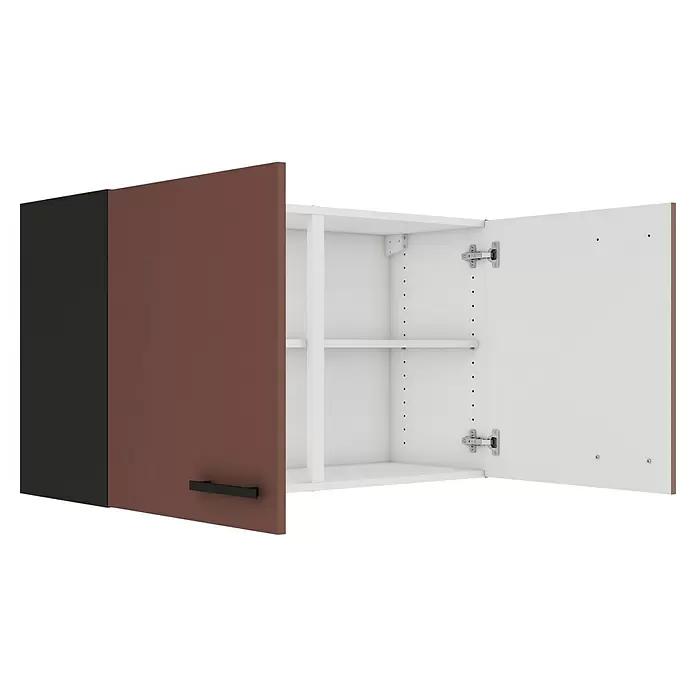 Optifit Nizza407 Hängeschrank - 34,6 x 100 x 57,6 cm, Rostrot - Wandschrank mit dunkelgrauer Seite, offener brauner Tür, die einen weißen Innenraum mit Regalen und einen schwarzen Griff zeigt.