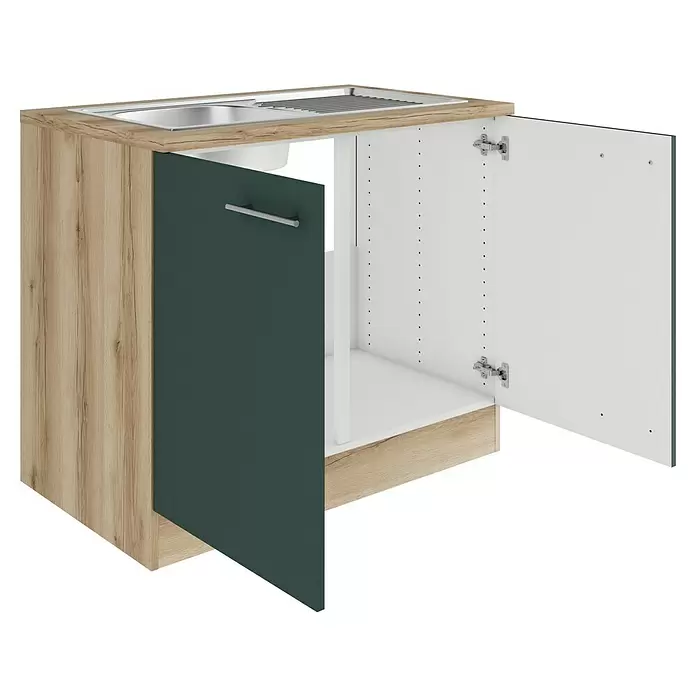Optifit Savona405 Spülenunterschrank - 60 x 100 x 84,8 cm, Steingrün - Helles Holzdekor Spülenunterschrank mit dunkelgrünen Türen, eine offen, und Edelstahlspüle.
