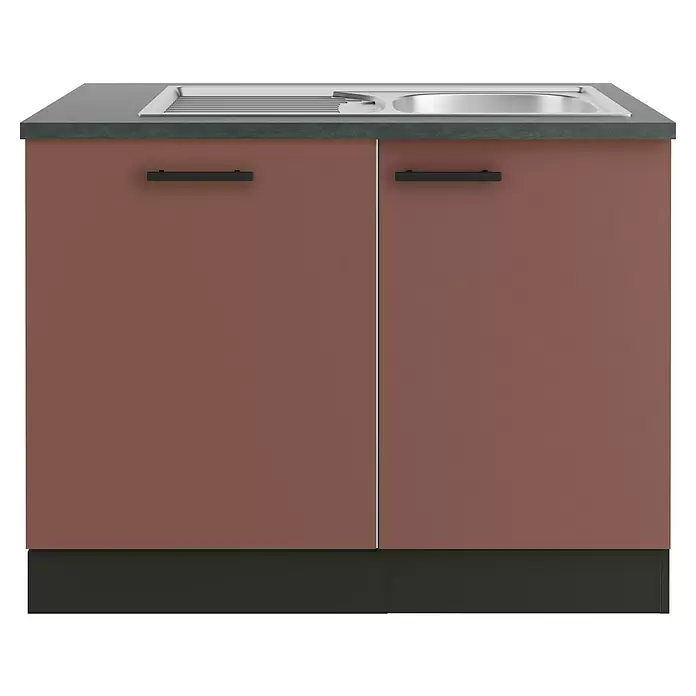Optifit Nizza407 Spülenunterschrank - 60 x 110 x 84,8 cm, Rostrot, Mit Blende 60 cm für vollintegrierten Geschirrspüler - Brauner Küchenunterschrank mit grauer Arbeitsplatte und integrierter Edelstahlspüle.