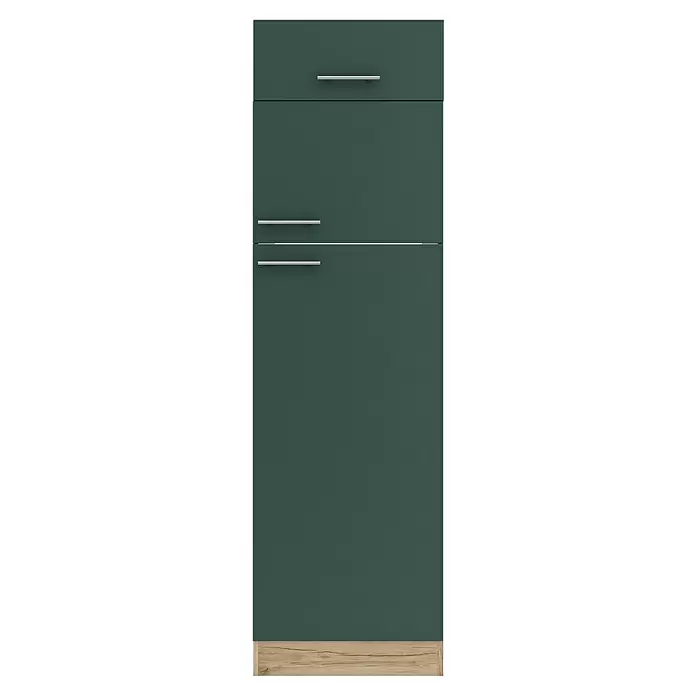 Optifit Savona405 Geräteumbauschrank - 60 x 60 x 206,8 cm, Steingrün, M 1 Klappe und 2 Türen mit Nische für Kühlschrank 144 cm - Dunkelgrüner Küchenschrank mit drei Schubladen, einer unteren Tür, modernen Metallgriffen und hellem Holzsockel.
