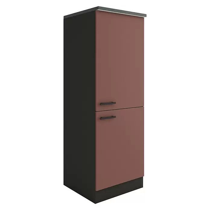 Optifit Nizza407 Küchen-Midischrank - 60 x 60 x 174,4 cm, Rostrot, Mit 2 Türen und Arbeitsplatte für Kühlschrank 88 cm - Hoher Schrank mit zwei matten Terrakotta-Türen, schwarzen Griffen und dunkelgrauen Seiten.