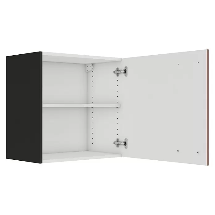 Optifit Nizza407 Hängeschrank - 34,6 x 60 x 57,6 cm, Rostrot - Offener Wandschrank mit schwarzer Außenseite, weißem Innenraum, einem verstellbaren Regal und zwei Chromscharnieren an der offenen Tür.