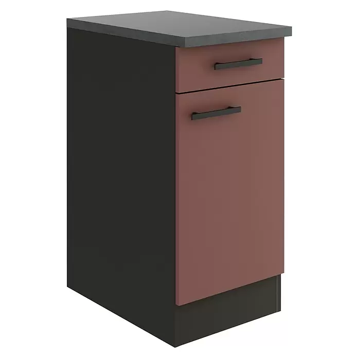 Optifit Nizza407 Unterschrank - 60 x 40 x 84,8 cm, Rostrot, Mit 1 Schubkasten und 1 Tür - Dunkelgrauer Küchenunterschrank mit einer rötlich-braunen Schublade, einer passenden Tür, schwarzen Griffen und dunkelgrauer Arbeitsplatte.
