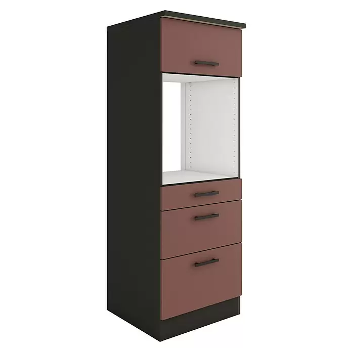 Optifit Nizza407 Küchen-Midischrank - 60 x 60 x 174,4 cm, Rostrot, Für Backofen mit 1 Klappe, 1 Schubkasten und 1 Tür - Hoher Küchenschrank mit dunkelgrauem Korpus, brauner Tür, offenem Fach und drei braunen Schubladen.