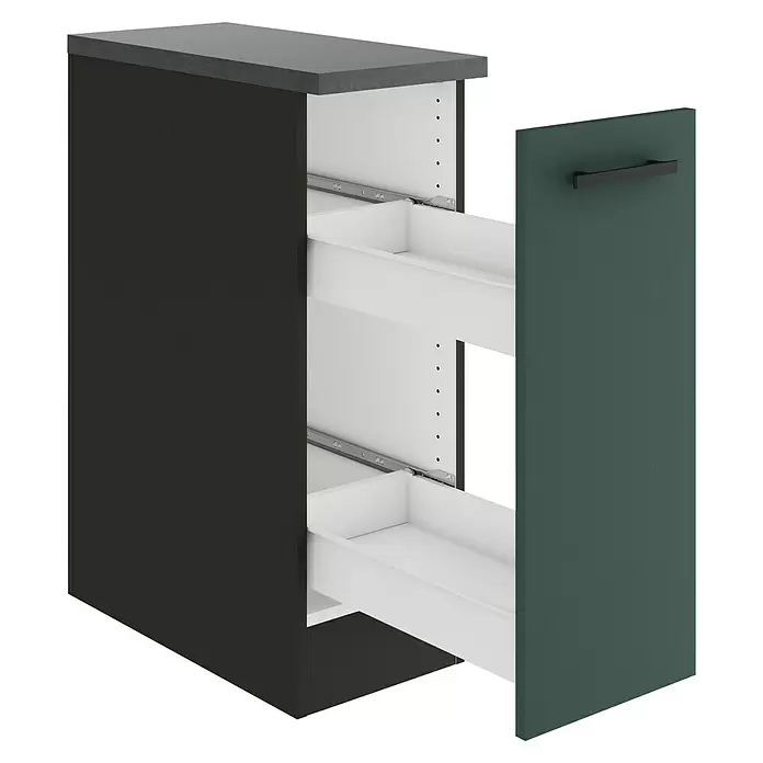 Optifit Verona405 Unterschrank - 60 x 30 x 84,8 cm, Steingrün, Mit 1 Auszug und 2 Metallschubkästen - Dunkelgrauer Küchenunterschrank mit grauer Arbeitsplatte, dunkelgrüner Front und zwei weißen Auszugsschubladen.