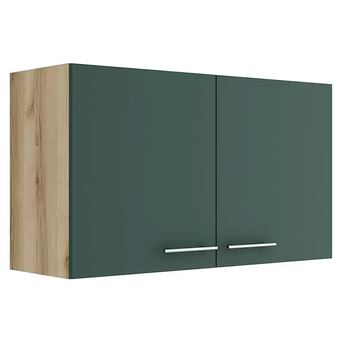 Optifit Savona405 Hängeschrank - 34,6 x 100 x 57,6 cm, Steingrün - Zweitüriger Hängeschrank mit heller Holzseitenwand und dunkelgrünen Türen mit silbernen Griffen.