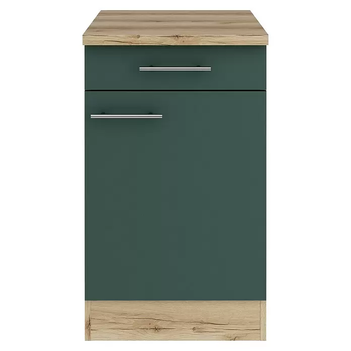 Optifit Savona405 Unterschrank - 60 x 50 x 84,8 cm, Steingrün, Mit 1 Schubkasten und 1 Tür - Dunkelgrüner Schrank mit Holzoptik-Oberseite und -Sockel, mit zwei Schubladen und silbernen Griffen.