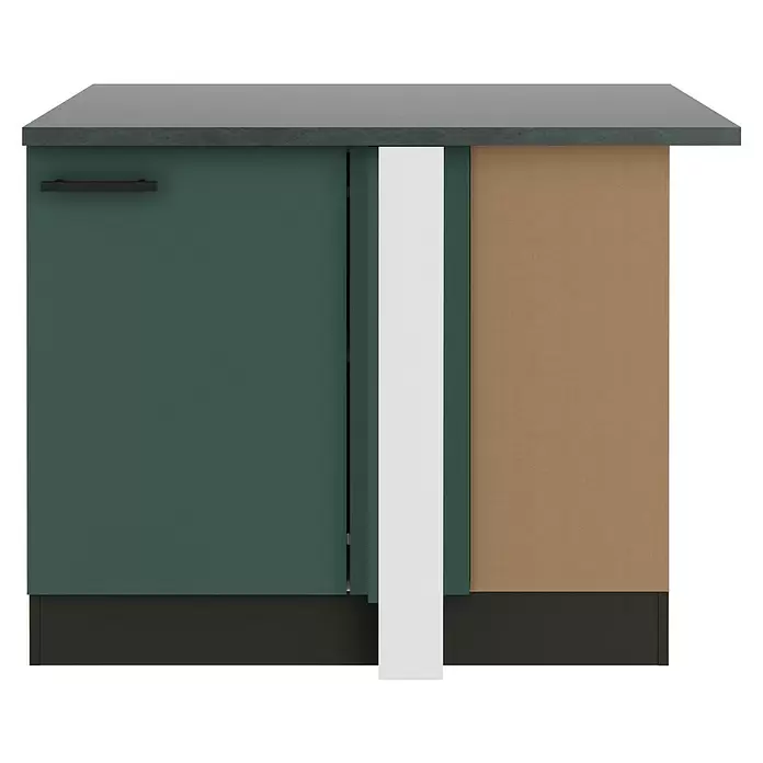 Optifit Verona405 Eck-Unterschrank für Eck Typ 2 - 60 x 110 x 84,8 cm, Steingrün - Unterschrank mit dunkelgrauer Arbeitsplatte, tealgrüner Tür mit schwarzem Griff, hellgrauen und beigen Paneelen.