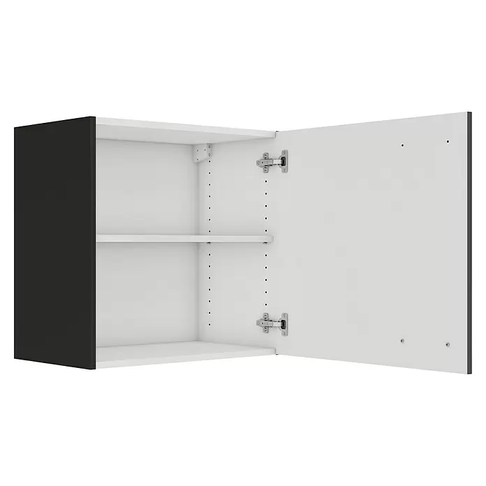 Optifit OPTIkult Hängeschrank Rimini409 - 34,6 x 60 x 57,6 cm, Rillendekor Nussbaum - Offener Oberschrank mit schwarzer Seitenwand, weißem Innenraum, verstellbarem Einlegeboden und silbernen Scharnieren.