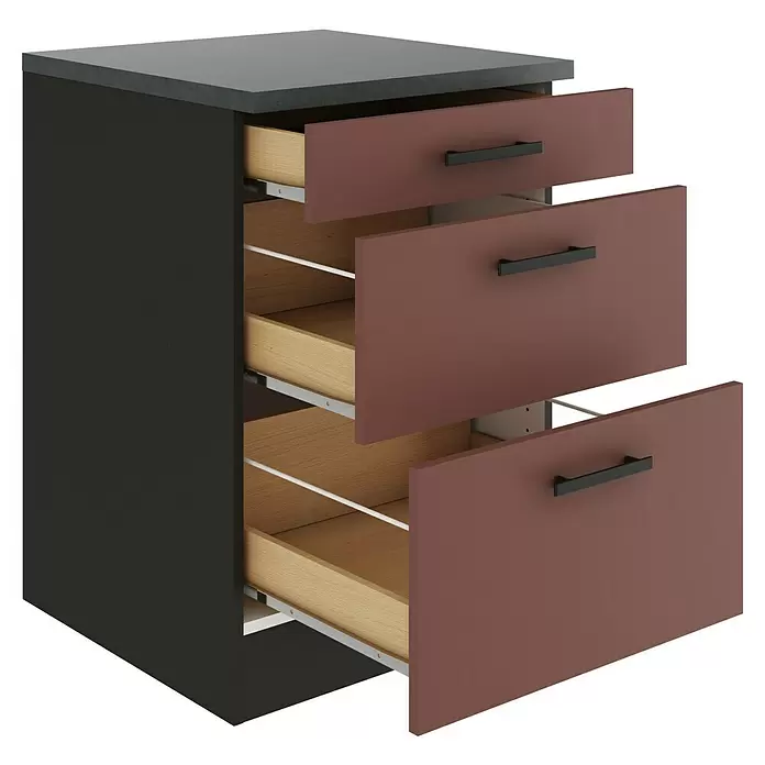 Optifit Nizza407 Küchen-Unterschrank - B x T x H: 60 x 60 x 84,8 cm, Rostrot, M 1 Schubkasten und 2 Auszügen - Dunkelgrauer Schubladenschrank mit dunkelbraunen Schubladenfronten, schwarzen Griffen und teilweise geöffneten hellholzfarbenen Schubladen.