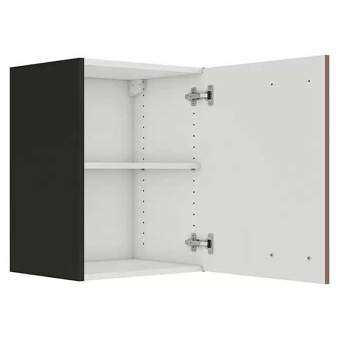 Optifit Nizza407 Hängeschrank - 34,6 x 45 x 57,6 cm, Rostrot - Offener weiß-schwarzer Wandschrank mit verstellbarem Einlegeboden und silbernen Scharnieren.