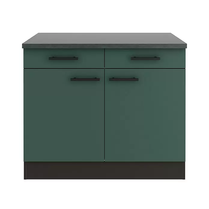 Optifit Verona405 Unterschrank - 60 x 100 x 84,8 cm, Steingrün, Mit 2 Schubkästen und 2 Türen - Dunkelgrüner Küchenunterschrank mit zwei Schubladen, zwei Türen, dunkelgrauer Arbeitsplatte und schwarzen Griffen.