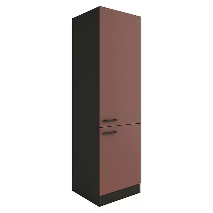 Optifit Nizza407 Küchen-Hochschrank - 60 x 60 x 206,8 cm, Rostrot - Hoher zweifarbiger Schrank mit rotbrauner Front, dunkelgrauer Seite und zwei schwarzen Griffen.
