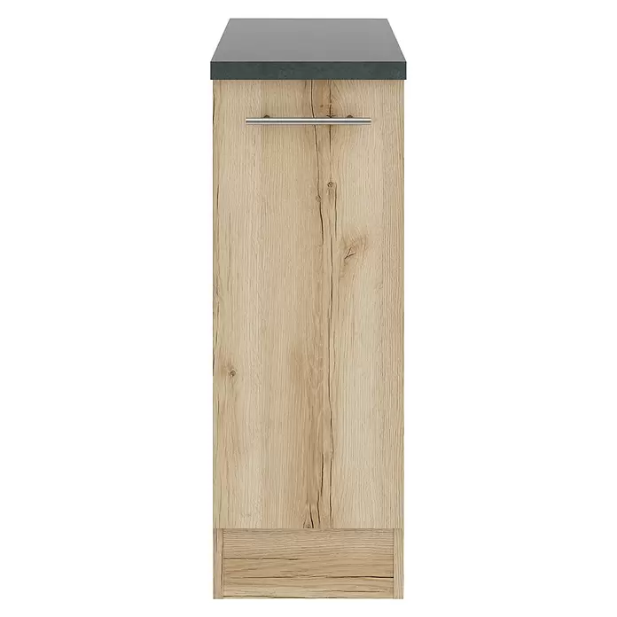 Optifit Livorno290 Unterschrank - 60 x 30 x 84,8 cm, Wildeiche Nachbildung, Mit 1 Auszug und 2 Metallschubkästen - Hoher Schrank mit heller Holzoptik-Tür, Metallstangengriff und dunkelgrauer Arbeitsplatte.
