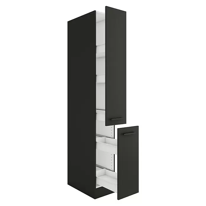Optifit Madrid420 Apotheker-Hochschrank - 60 x 30 x 206,8 cm, Anthrazit Matt - Hoher anthrazitfarbener Küchenschrank, teilweise geöffnet, mit weißen Auszügen und Einlegeböden.