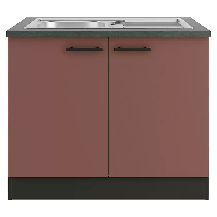 Optifit Nizza407 Spülenunterschrank - 60 x 100 x 84,8 cm, Rostrot - Rötlich-brauner Spülunterschrank mit zwei Türen, dunkelgrauer Arbeitsplatte, integrierter Edelstahlspüle, Abtropffläche und schwarzen Griffen.
