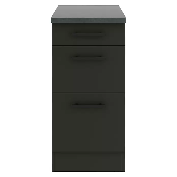 Optifit Madrid420 Unterschrank - 60 x 40 x 84,8 cm, Anthrazit Matt, Mit 1 Schubkasten und 2 Auszügen - Dunkelgrauer Küchenunterschrank mit drei Schubladen und grauer Arbeitsplatte.