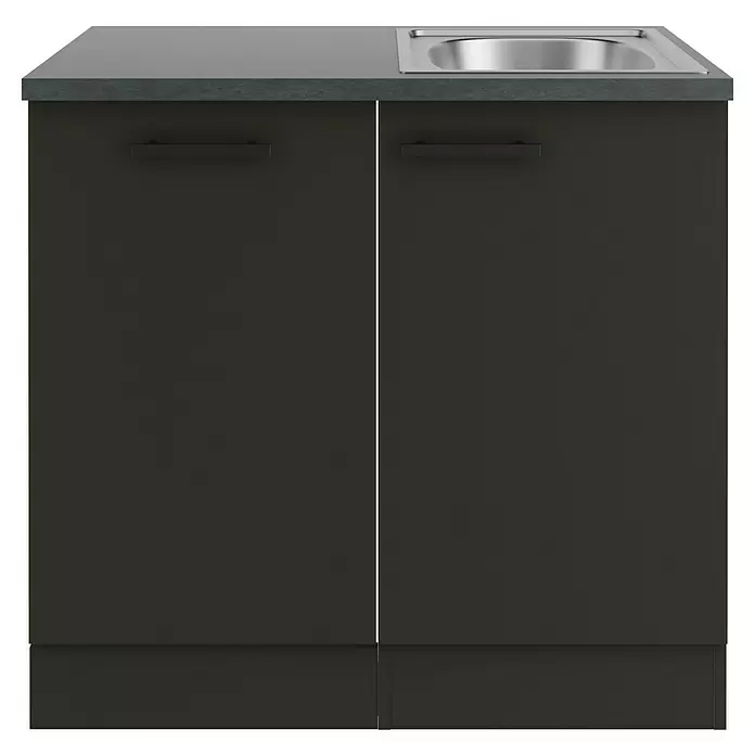 Optifit Madrid420 Spülenunterschrank - 60 x 90 x 84,8 cm, Anthrazit Matt, Mit Blende 45 cm für vollintegrierten Geschirrspüler - Dunkelgrauer Spülunterschrank mit integrierter Edelstahlspüle und dunkelgrauer Arbeitsplatte.