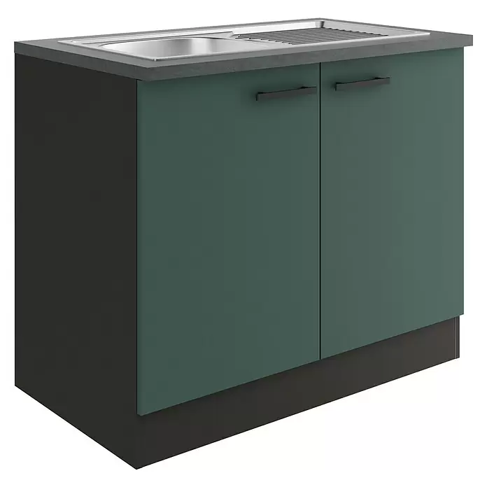 Optifit Verona405 Spülenunterschrank - 60 x 100 x 84,8 cm, Steingrün - Küchenspülenunterschrank mit dunkelgrauer Arbeitsplatte, Edelstahlspüle, dunkelgrünen Türen und schwarzem Sockel.