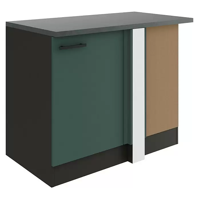 Optifit Verona405 Eck-Unterschrank für Eck Typ 2 - 60 x 110 x 84,8 cm, Steingrün - Küchenunterschrank: dunkelgraue Arbeitsplatte, dunkelgrüne Tür mit schwarzem Griff und kontrastierende Seitenpaneele.