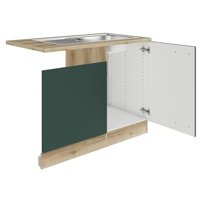 Optifit Savona405 Spülenunterschrank - 60 x 110 x 84,8 cm, Steingrün, Mit Blende 60 cm für teilintegrierten Geschirrspüler - Spülenunterschrank in heller Holzoptik und Dunkelgrün mit integrierter Edelstahlspüle. Die Tür ist offen und zeigt den weißen Innenraum.