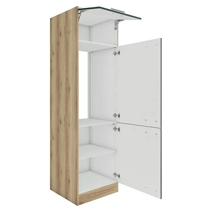 Optifit Savona405 Geräteumbauschrank - 60 x 60 x 206,8 cm, Steingrün, Mit 1 Klappe und 2 Türen mit Nische für Kühlschrank 88 cm - Hoher Schrank mit heller Holzoptik außen und offenen weißen Türen und Regalen; inklusive aufklappbarem Oberteil.