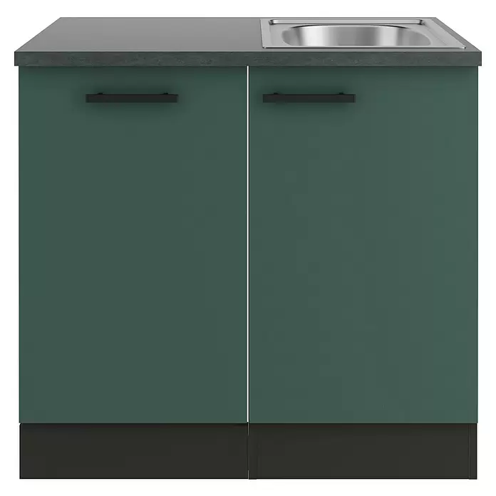 Optifit Verona405 Spülenunterschrank - 60 x 90 x 84,8 cm, Steingrün, Mit Blende 45 cm für vollintegrierten Geschirrspüler - Dunkelgrüner zweitüriger Küchenspülenschrank mit dunkelgrauer Arbeitsplatte und integrierter Edelstahlspüle.