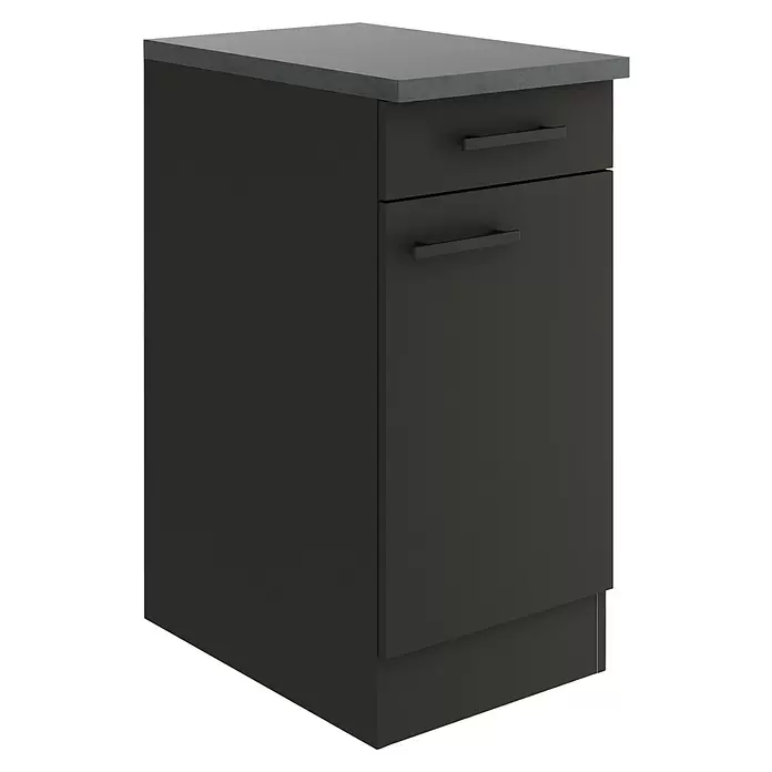 Optifit Madrid420 Küchen-Unterschrank - 60 x 40 x 84,8 cm, Anthrazit Matt, Mit 1 Schubkasten und 1 Tür - Dunkelgrauer Küchenunterschrank mit passender grauer Arbeitsplatte, einer Schublade und einer Schranktür, beide mit schwarzen Griffen.
