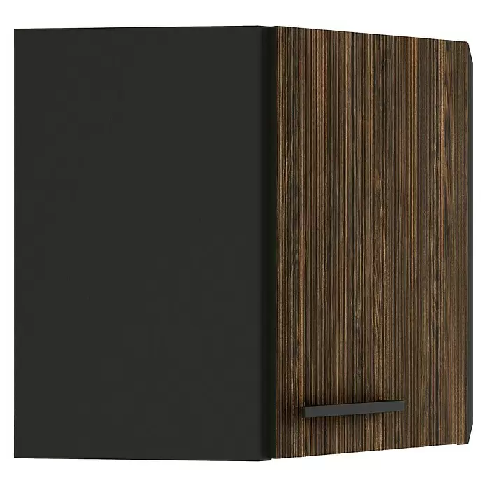Optifit OPTIkult Küchen-Eck-Hängeschrank Rimini409 - 34,6 x 60 x 57,6 cm, Rillendekor Nussbaum - Hängeschrank in Dunkelgrau und dunkler Holzmaserung mit schwarzem Griff.