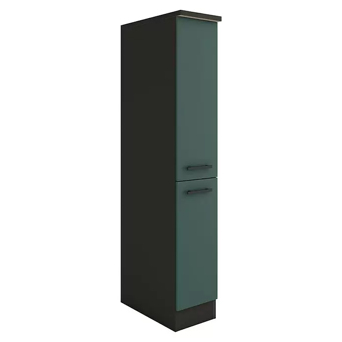 Optifit Verona405 Midischrank - 60 x 30 x 174,4 cm, Steingrün - Hoher dunkelgrauer Schrank mit zwei dunkelblauen Türen und schwarzen Griffen.
