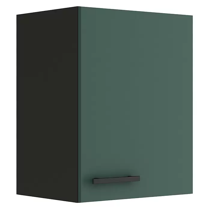 Optifit Verona405 Hängeschrank - 34,6 x 45 x 57,6 cm, Steingrün - Dunkeltürkiser Küchenhängeschrank mit schwarzem Griff und dunkelgrauer Seite.