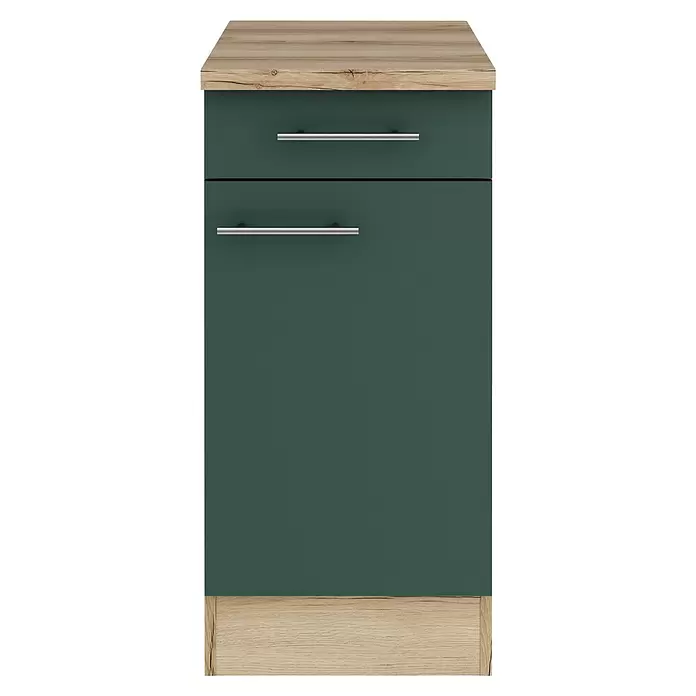 Optifit Savona405 Unterschrank - 60 x 40 x 84,8 cm, Steingrün, Mit 1 Schubkasten und 1 Tür - Dunkelgrüner Schrank mit Holzplatte und Sockel, einem oberen Schubfach und einer unteren Tür mit zwei silbernen Griffen.