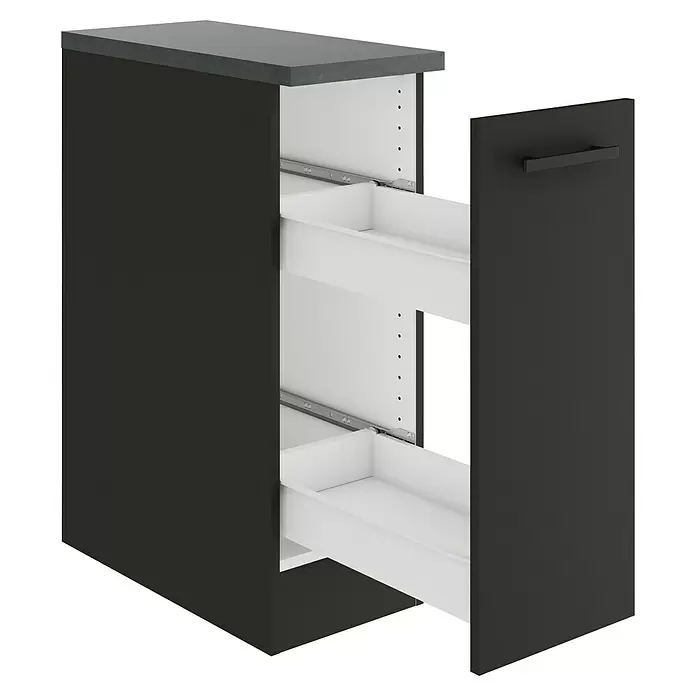 Optifit Madrid420 Unterschrank - 60 x 30 x 84,8 cm, Anthrazit Matt, Mit 1 Auszug und 2 Metallschubkästen - Dunkelgrauer Küchenunterschrank mit grauer Arbeitsplatte und zwei weißen Auszugschubladen, eine geöffnet.