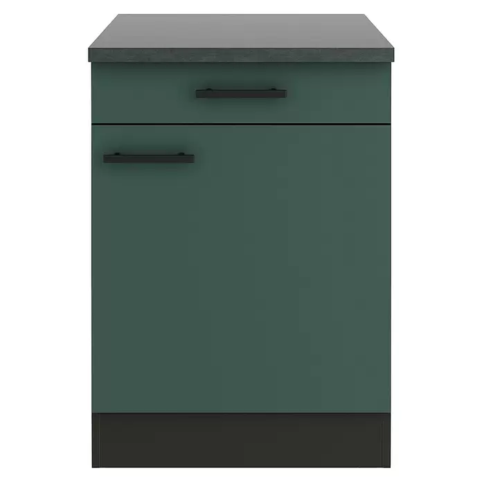 Optifit Verona405 Unterschrank - 60 x 60 x 84,8 cm, Steingrün, Mit 1 Schubkasten und 1 Tür - Dunkeltürkise Küchenunterschrank-Einheit mit Schublade, Tür, schwarzen Griffen und dunkelgrauer Arbeitsplatte.