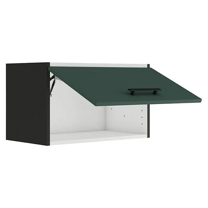 Optifit Verona405 Küchen-Hängeschrank - 34,6 x 60 x 35,2 cm, Steingrün - Offener Hängeschrank mit schwarzen Seiten, weißem Inneren und einer dunkelgrünen, nach oben öffnenden Tür mit schwarzem Griff, gestützt durch Gasfedern.