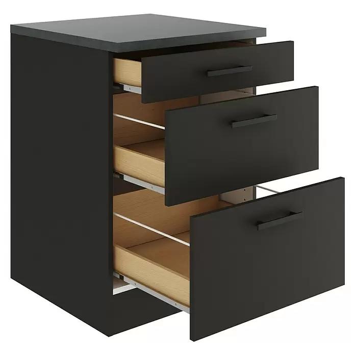 Optifit Madrid420 Unterschrank - 60 x 60 x 84,8 cm, Anthrazit Matt, M 1 Schubkasten und 2 Auszügen - Dunkelgrauer Schrank mit drei teilweise geöffneten Schubladen, der helle Holzinterieurs und eine dunkelgraue Oberfläche zeigt.