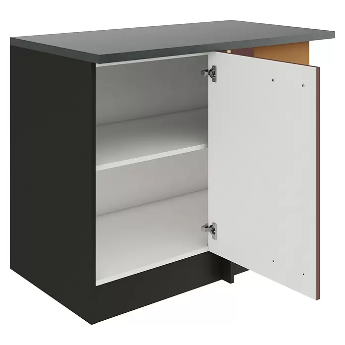 Optifit Nizza407 Unterschrank für Eck Typ 1 - 60 x 110 x 84,8 cm, Rostrot - Dunkelgrauer Küchenunterschrank mit offener weißer Tür, zwei weißen Einlegeböden und grauer Arbeitsplatte.