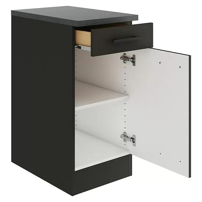 Optifit Madrid420 Küchen-Unterschrank - 60 x 40 x 84,8 cm, Anthrazit Matt, Mit 1 Schubkasten und 1 Tür - Dunkelgrauer Küchenunterschrank mit dunkelgrauer Arbeitsplatte, offener Schublade mit Holzinterieur und offener Tür, die weiße Einlegeböden zeigt.