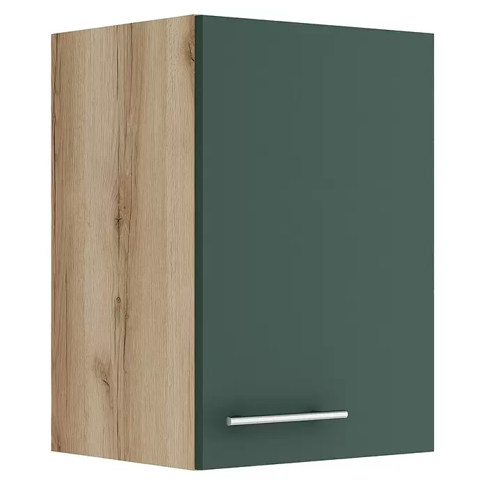 Optifit Savona405 Hängeschrank - 34,6 x 40 x 57,6 cm, Steingrün - Wandschrank mit heller Holzseite und dunkelgrüner Tür mit silbernem Griff.