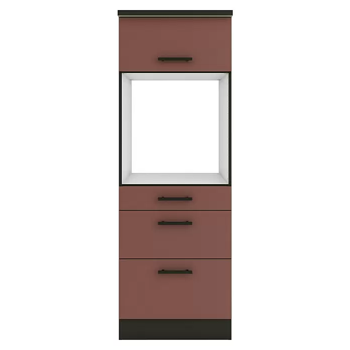 Optifit Nizza407 Küchen-Midischrank - 60 x 60 x 174,4 cm, Rostrot, Für Backofen mit 1 Klappe, 1 Schubkasten und 1 Tür - Hoher terrakottafarbener Schrank mit schwarzen Griffen, oberem Schrank, offenem Fach und drei Schubladen.