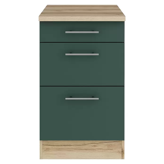 Optifit Savona405 Unterschrank - 60 x 50 x 84,8 cm, Steingrün, Mit 1 Schubkasten und 2 Auszügen - Schrank mit drei dunkelgrünen Schubladen, heller Holzmaserungsplatte und -sockel sowie silbernen Stangengriffen.
