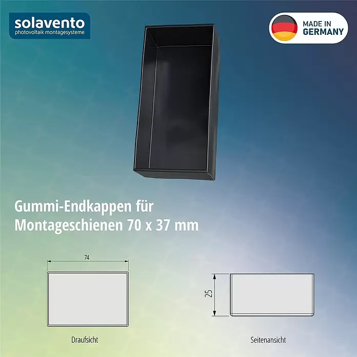 Solavento Endkappen Solavento - 30 x 40 x 75 mm, Geeignet für: Schrägdach - Schwarze Gummi-Endkappe für 70 x 37 mm Montageschienen, Länge 74 mm, Höhe 25 mm.