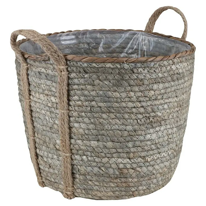 A.H.G. Pflanzkorb - Außenmaß (Ø x H): 29 x 23 cm, Naturmaterialien, Natur - Hier ist ein runder, aus Gras geflochtener Übertopf mit stabilen Griffen, der eine dekorative und natürliche Note verleiht.