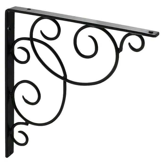Rei Clásica Escuadra de soporte 1479 - L x An x Al: 27 x 23 x 2 cm, Carga soportada: 20 kg, Acero, Negro - Soporte de pared decorativo negro con adornos florales y orificios de montaje, perfecto para estantes o jardineras.