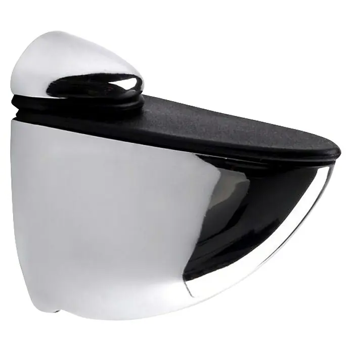 Rei Soporte de pared para estantes 2050 - Carga soportada: 30 kg, Apto para: Estantes, Cromo, Resplandeciente, 2 ud. - Este artículo muestra un elegante soporte de estante cromado con una almohadilla negra, perfecto para estanterías de pared con estilo.