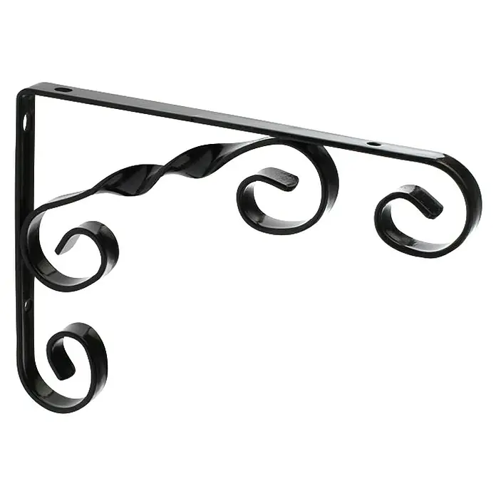 Rei Escuadra de soporte 1475 - L x An x Al: 13 x 18 x 1,2 cm, Negro - Primer plano de un soporte de pared decorativo negro con filigranas ornamentales y orificios de montaje para estantes u otros artículos.
