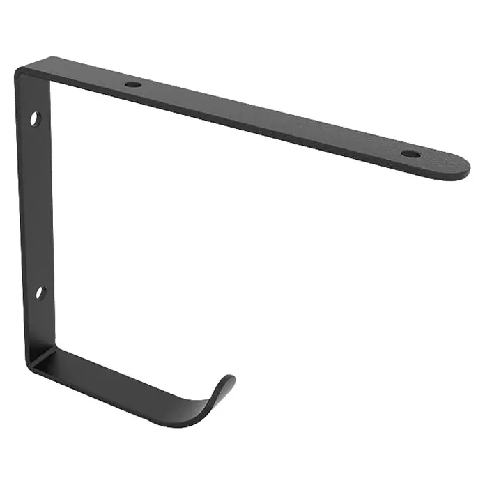 Rei Soporte de estantería con gancho - L x An x Al: 180 x 145 x 20 mm, Negro, Carga soportada: 15 kg - Soporte metálico negro con orificios de montaje, ideal para montaje en pared y estanterías. Construcción robusta para un soporte fiable.