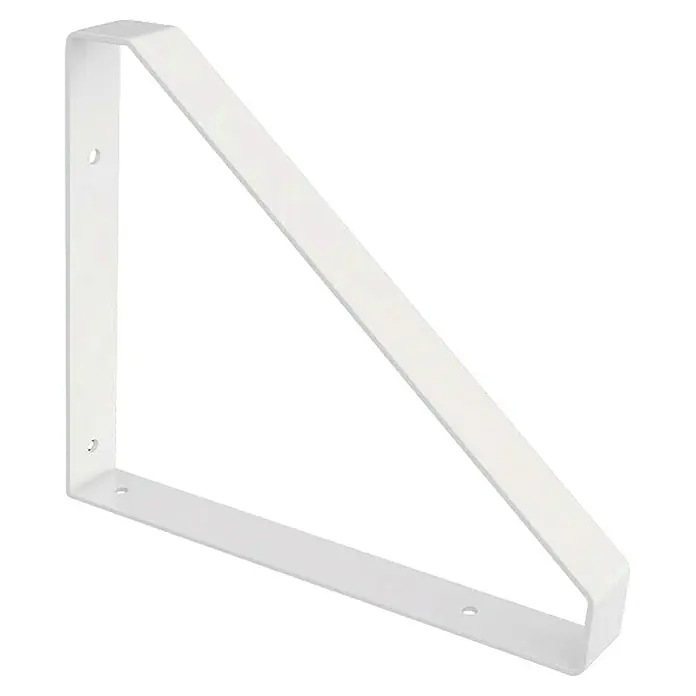 Rei Escuadra de pared Tri - L x An x Al: 261 x 211 x 30 mm, Carga soportada: 30 kg, Blanco - Primer plano de un soporte de estante de metal blanco con orificios de montaje, ideal para montaje en pared y construcciones de estantes duraderas.