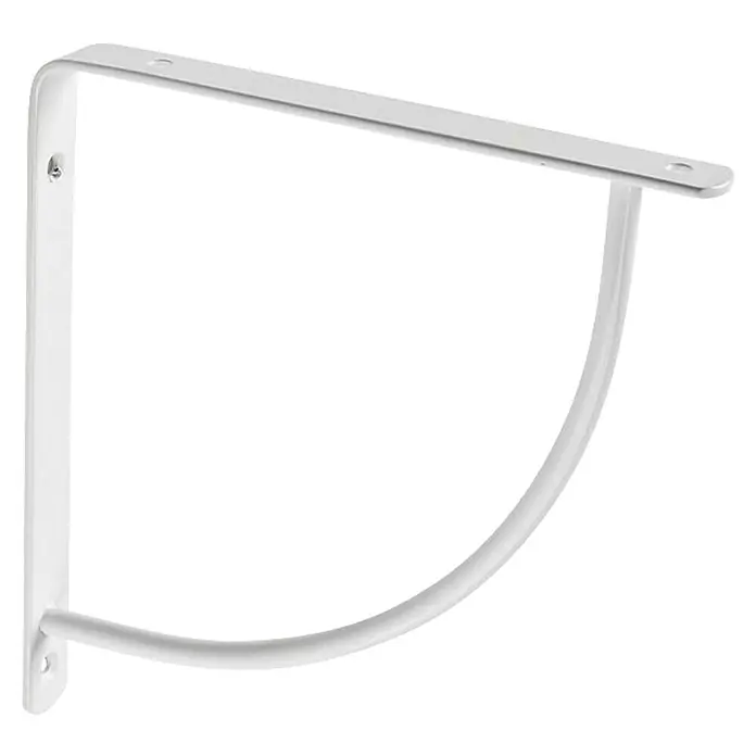 Rei Escuadra de soporte Belly XL - L x An x Al: 20 x 20 x 2 cm, Carga soportada: 30 kg, Acero, Blanco - Foto luminosa de un soporte de estante blanco con agujeros para tornillos para montaje en pared y un soporte redondeado para el estante.
