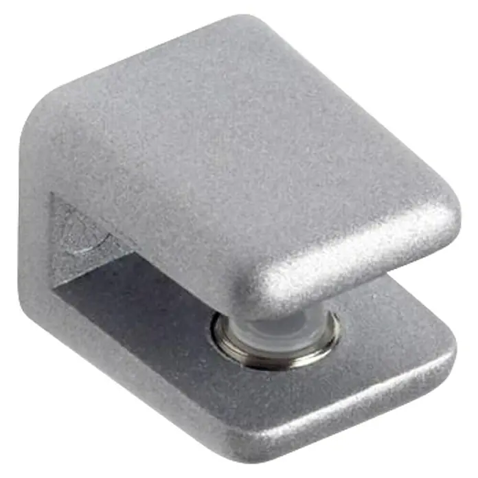 Rei Soporte de pared para estantes 2095 - L x An x Al: 1,9 x 1,7 x 2,2 cm, Cromo, Resplandeciente - Primer plano de un soporte de estante de vidrio plateado, que ofrece un soporte robusto y seguro para estantes de vidrio.